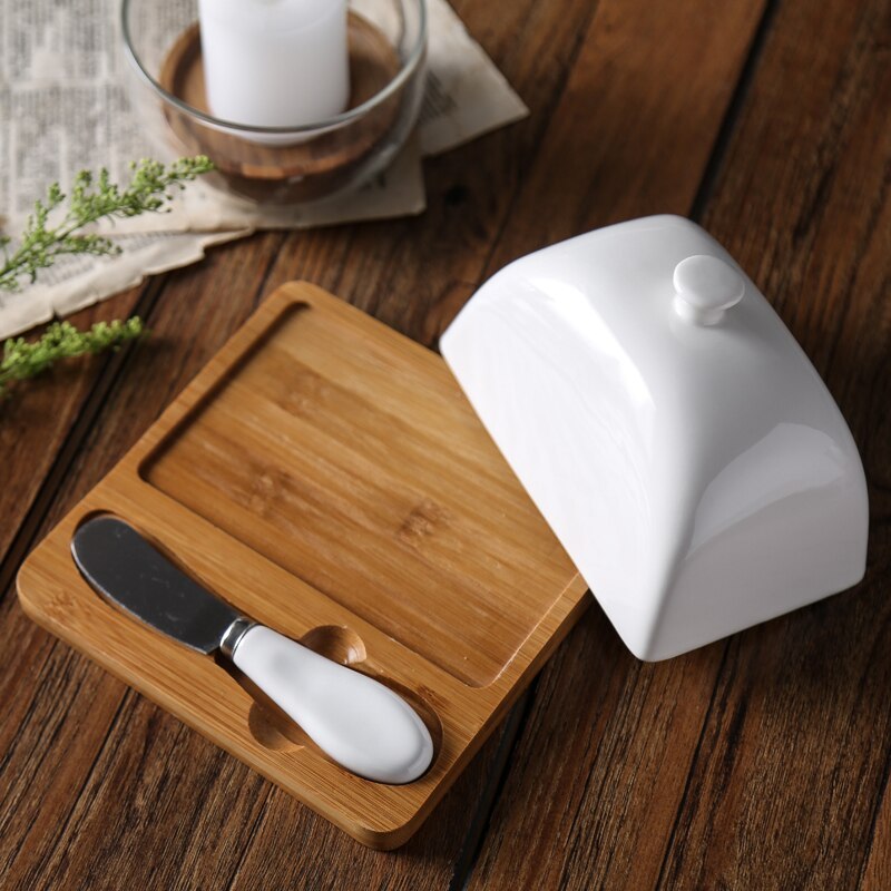Elegant White Porcelain Butter Dish with Lid & Butter Knife
