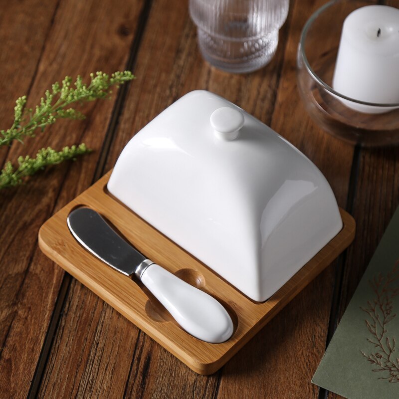 Elegant White Porcelain Butter Dish with Lid & Butter Knife